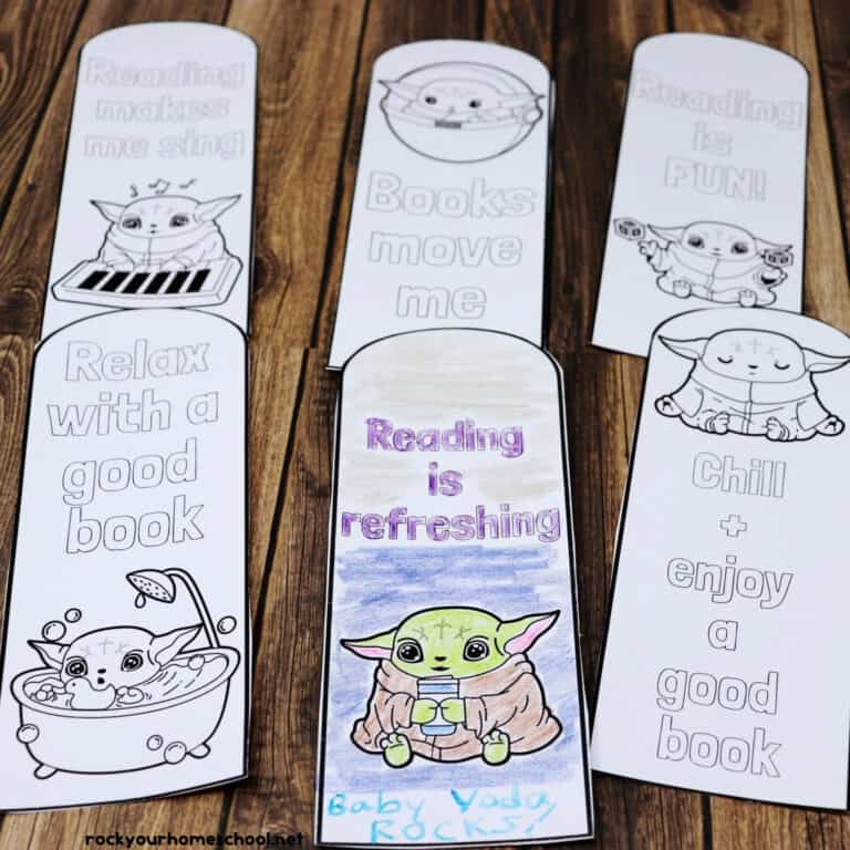 Six examples of free printable Baby Yoda coloring bookmarks.