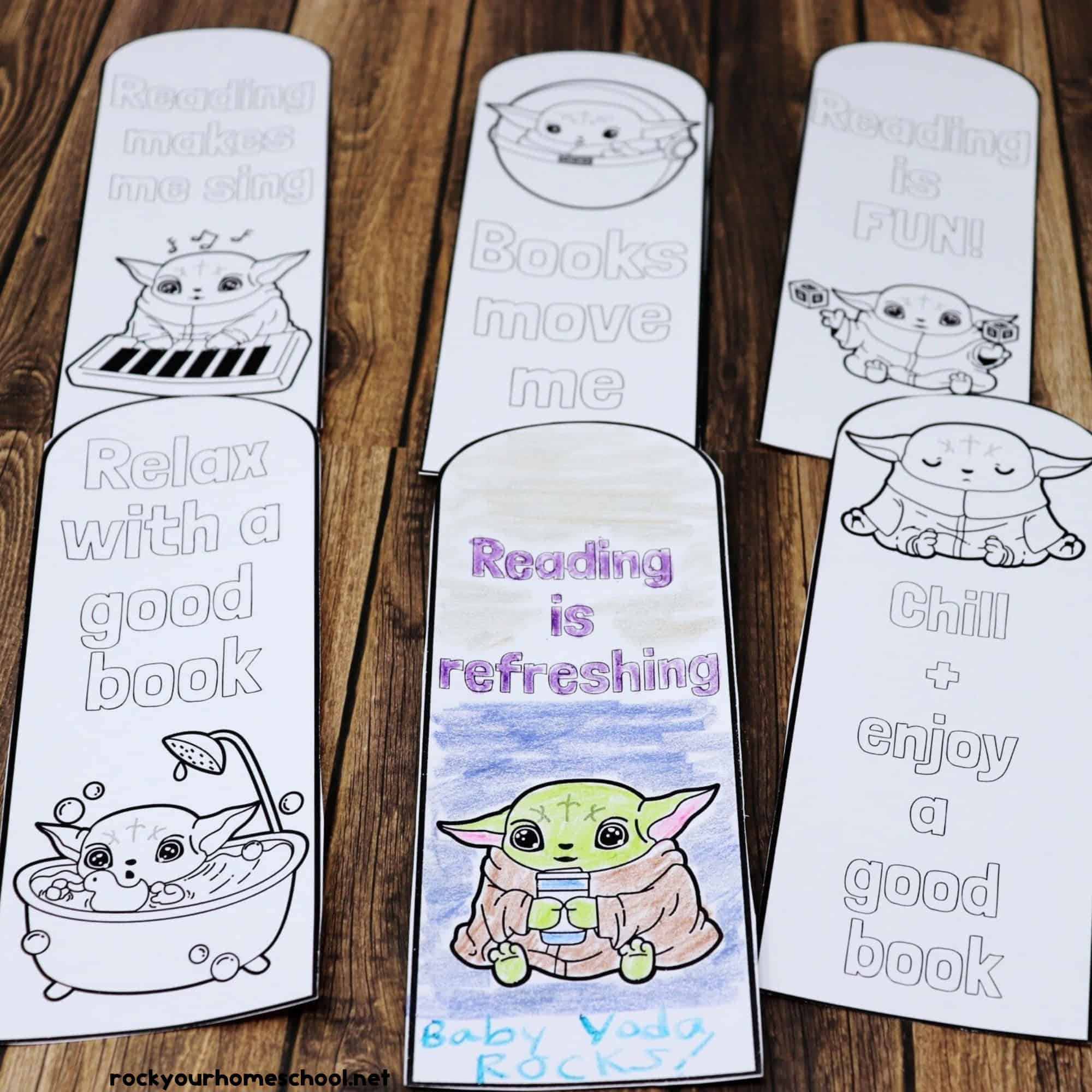 Six examples of free printable Baby Yoda coloring bookmarks.