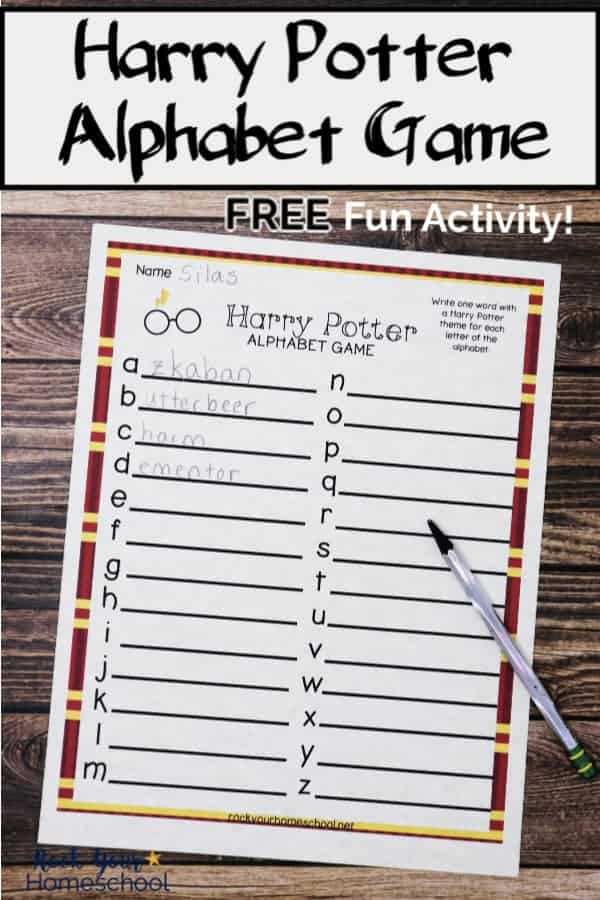 Free printable Harry Potter-Inspired alphabet game with silver pencil on wood background to feature the fantastic learning fun you can have with this simple activity