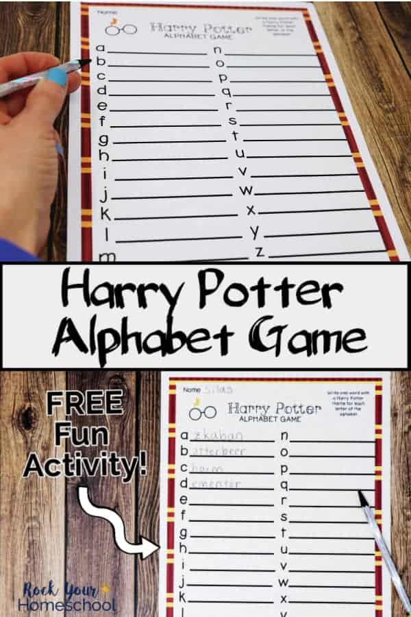 Woman holding example of free printable Harry Potter alphabet game.