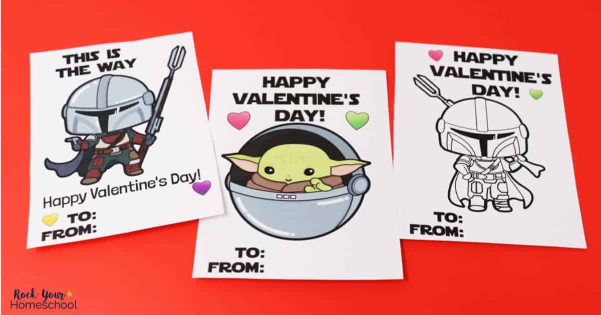 This set of 8 free Mandalorian Valentine's Day cards features adorable characters, including one card that your kids can color!
