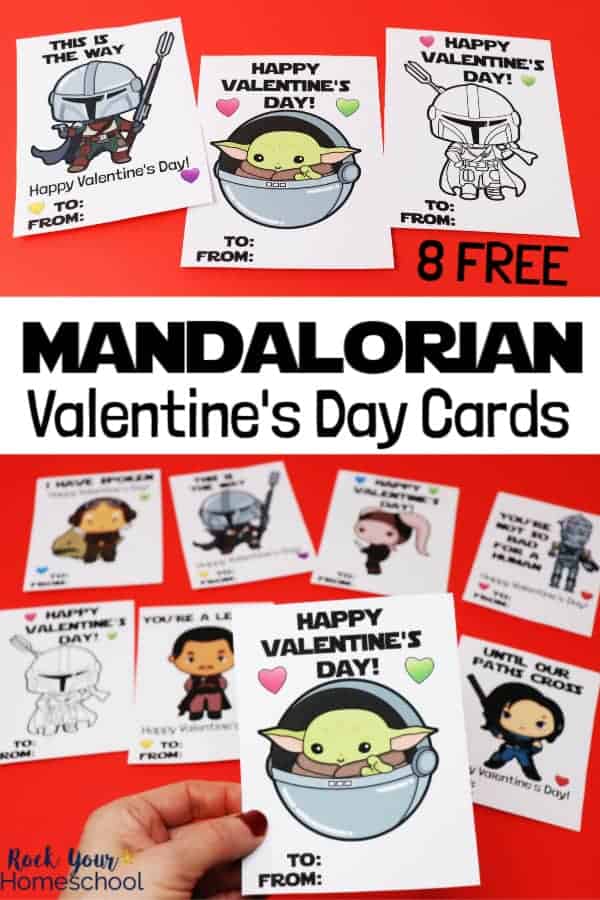 8 free Mandalorian Valentine\'s Day cards on red background with woman holding card. Cards feature characters including Mandalorian, Baby Yoda, Kuiil, Xi\'an, IG-11, Greef Karga, and Cara Dune