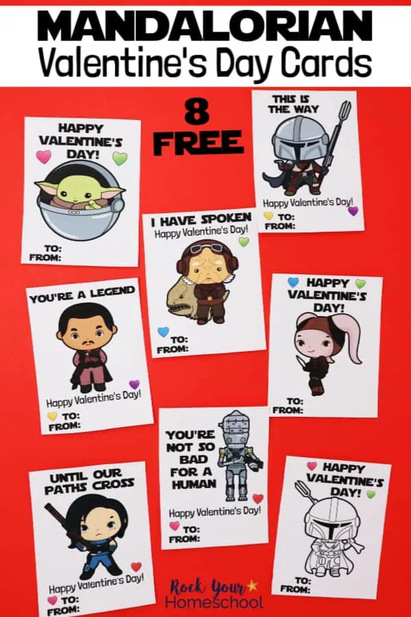 8 free Mandalorian Valentine's Day Cards featuring Baby Yoda, Mandalorian, Kuiil, Greef Karga, Xi'an, Cara Dune, & IG-11 on red background