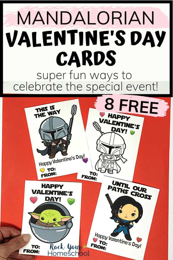 Woman holding Mandalorian Valentine's Day cards to feature how you'll love using these free printables for special holiday fun with your kids