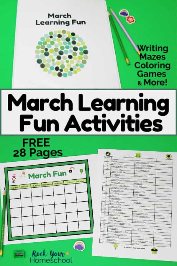 March Learning Fun activities in binder with pencils and rainbow of markers on green background and March Fun calendar with chart of fun days to celebrate to feature the variety of activities in this free bundle