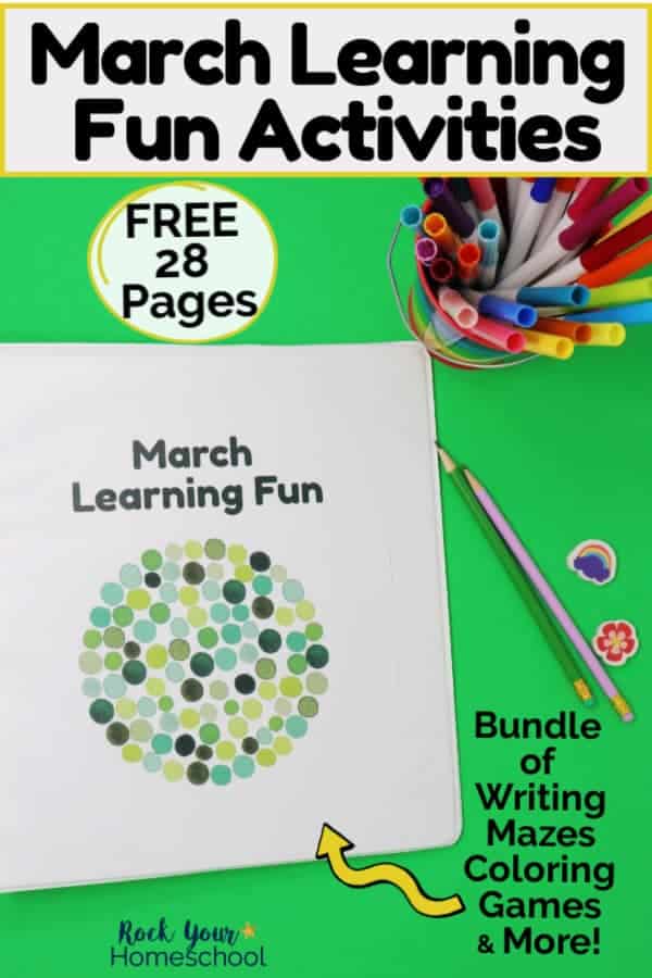 March Learning Fun binder full of 28 pages of activities and pencil &amp; mini-erasers &amp; rainbow of color markers on green background to feature the incredible variety of worksheets