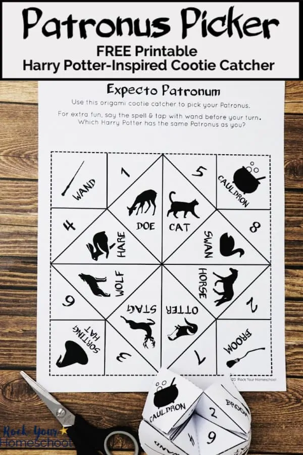 Free printable Patronus Picker with scissors and completed Harry Potter cootie catcher to feature the magical fun you\'ll have with your Harry Potter fans using this cool activity