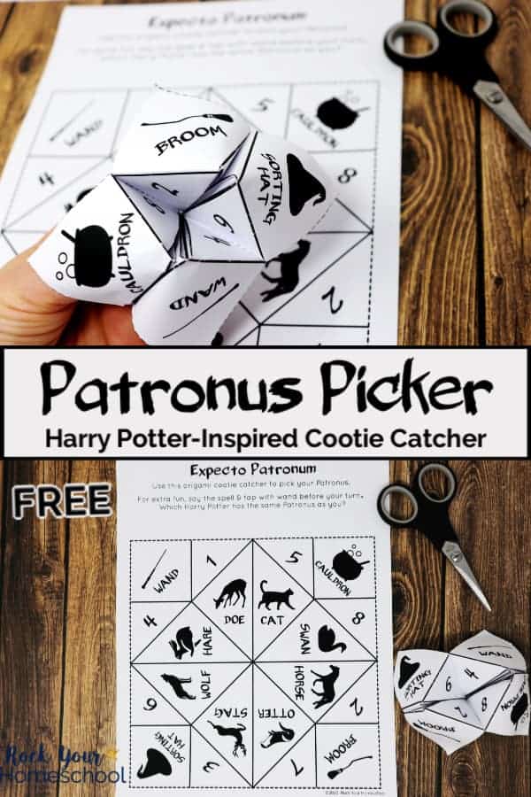 Woman holding Patronus Picker with printable & scissors on wood background to feature the magical fun your Harry Potters will have with this simple activity