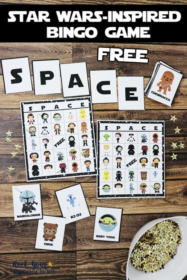 Free printable set of Star Wars-Inspired bingo game & gold star markers on wood background to feature the fun you can have with this game