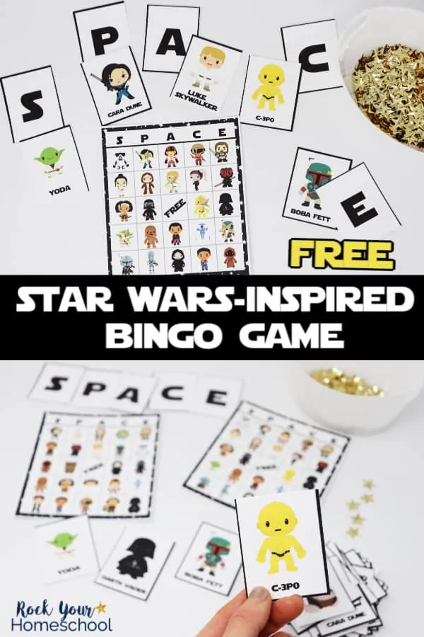 Star Wars-Inspired bingo game cards and calling cards with gold stars on white background with woman holding C-3P0 calling card to feature the fun you can have with this free printable game