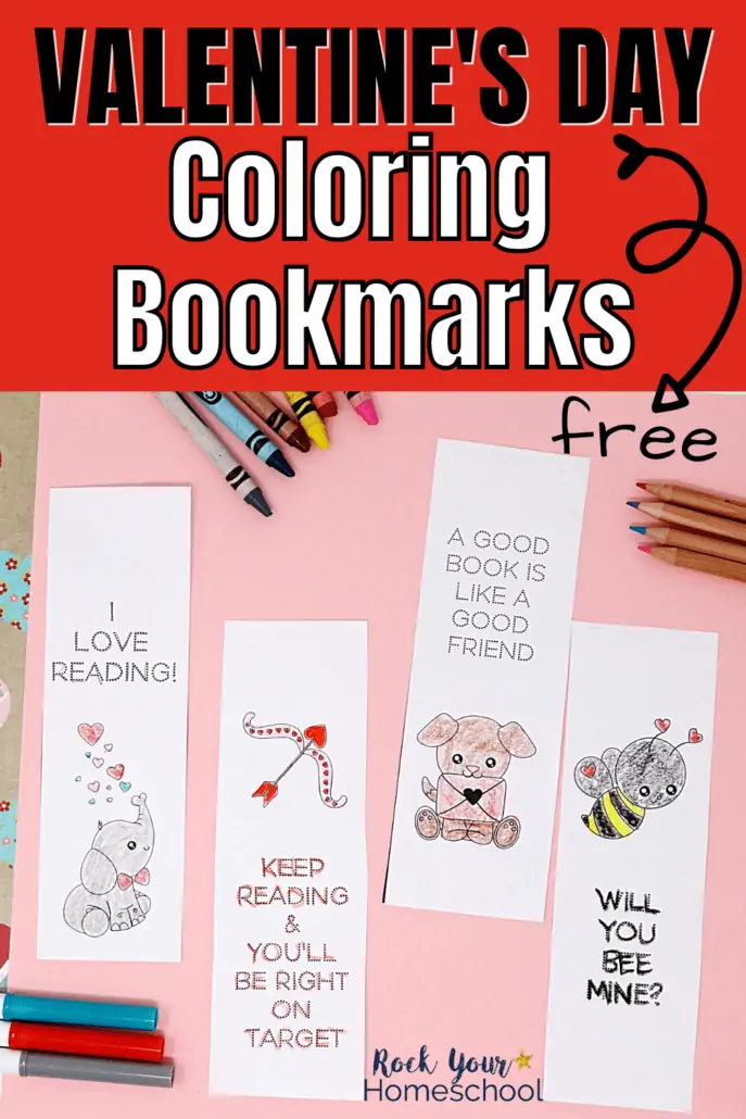 Valentine\'s day bookmarks with markers, crayons, and color pencils to feature how much holiday fun your kids will have with these free coloring bookmarks