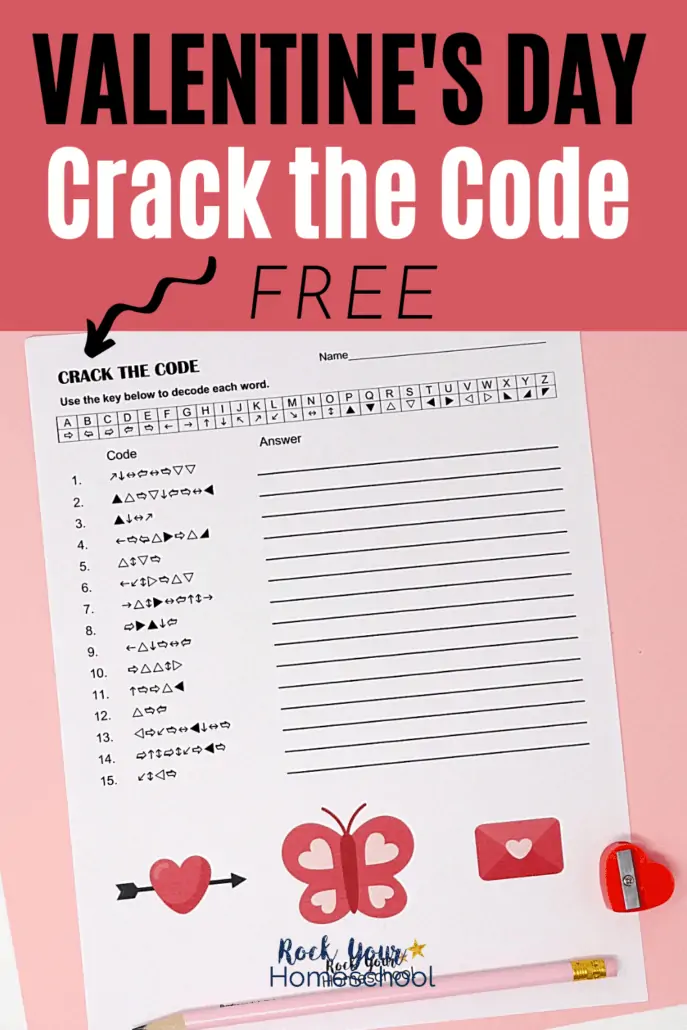 Valentine\'s Day Crack the Code activity with pencil and red heart-shaped pencil sharpener to feature how your kids will have a blast with this free Valentine\'s Day printable