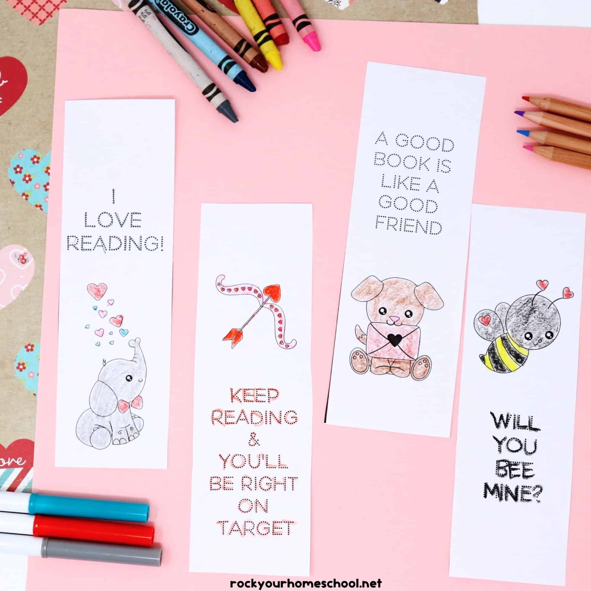 Examples of 4 Valentine's Day bookmarks for kids to color with markers, crayons, and color pencils.