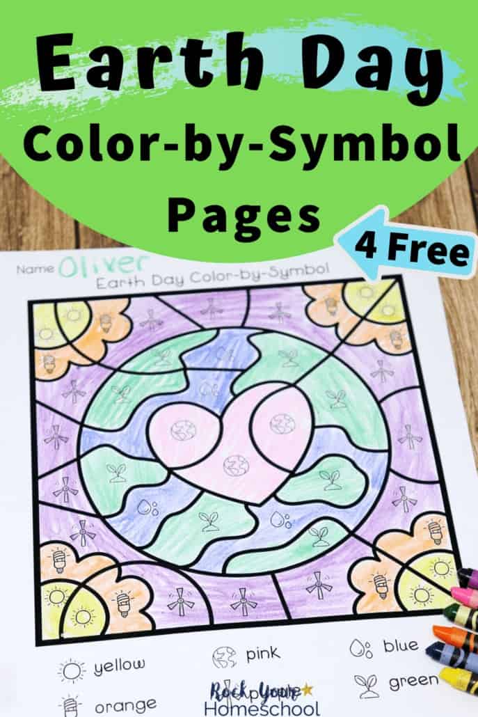 Earth Day color-by-symbol page with crayons for creative ways to celebrate Earth Day with kids