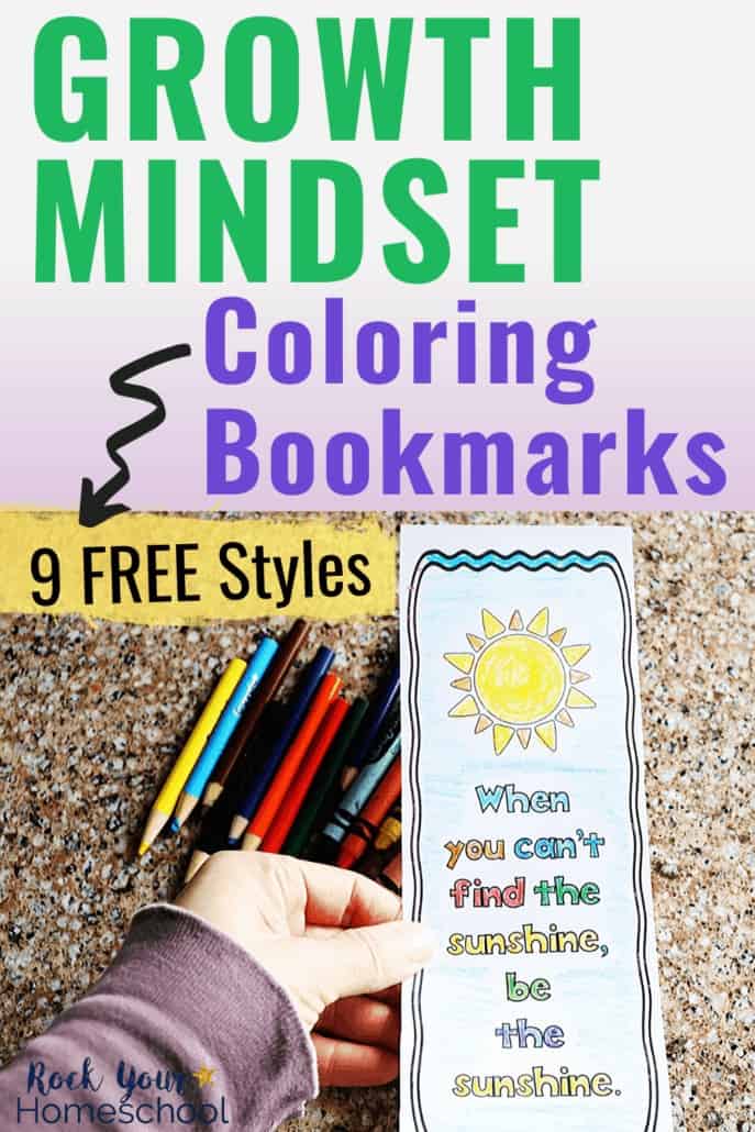 Woman holding a growth mindset coloring bookmark with color pencils in the background to feature the amazing ways your kids can use &amp; learn with these free printable growth mindset activities