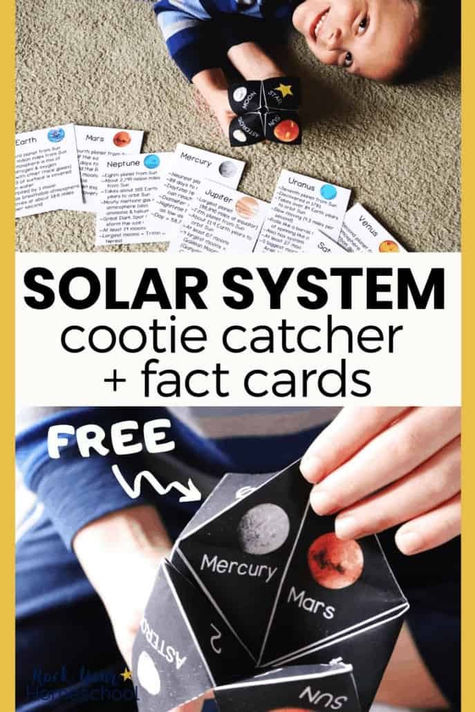 Boy holding solar system cootie catcher with planet fact cards and close-up of boy opening cootie catcher to feature the awesome science fun to be had using this free activity pack