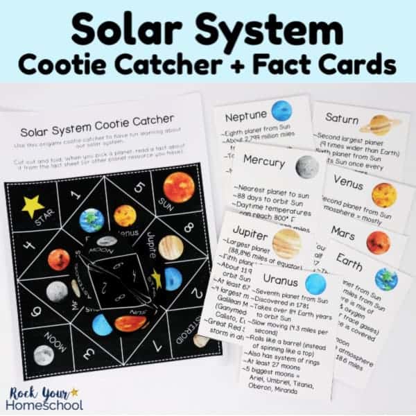 Enjoy easy hands-on science fun with this free printable activity pack of solar system cootie catcher + planet fact cards.