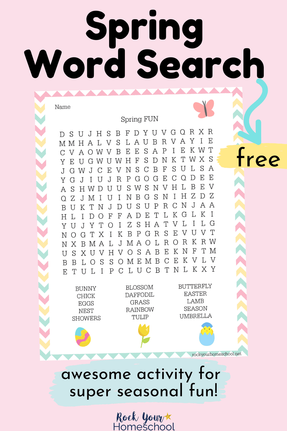 Spring word search for a free printable activity to enjoy for seasonal fun with kids