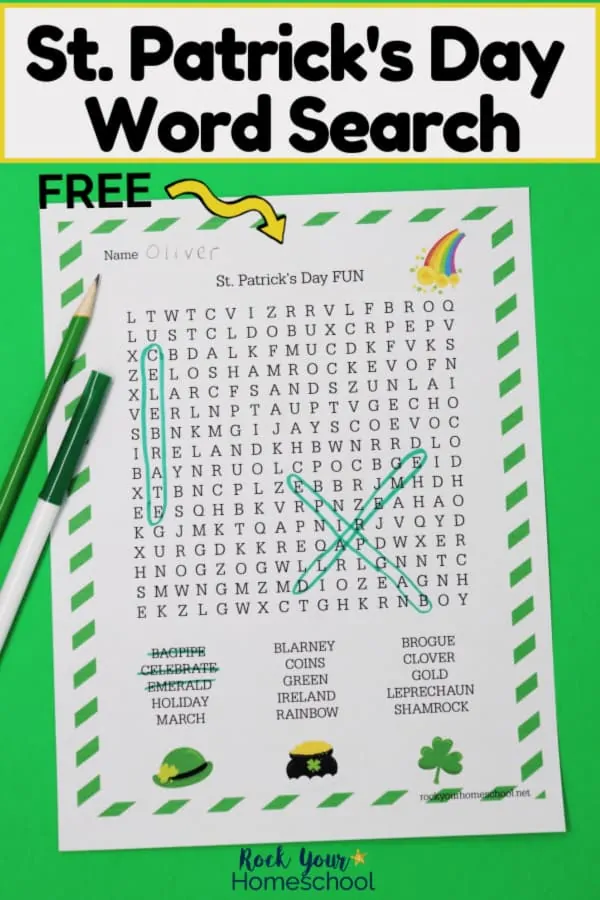 Free St. Patrick\'s Day Word Search for kids with green pencil and marker on green paper to feature the holiday fun you can have with this printable activity