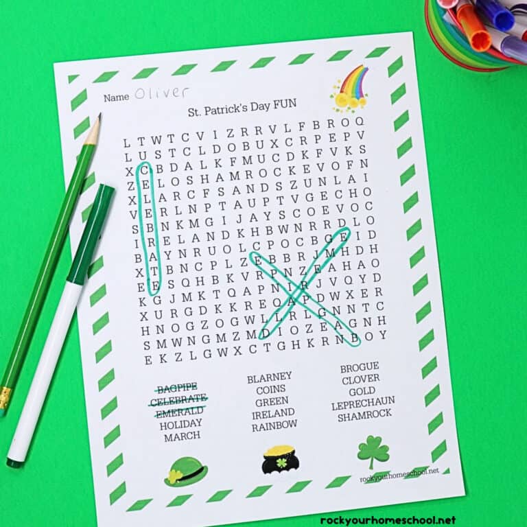 Free St. Patrick's Day Word Search for kids with green pencil and marker on green paper to feature the holiday fun you can have with this printable activity.