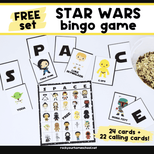 Examples of free printable Star Wars bingo game with card and calling cards.