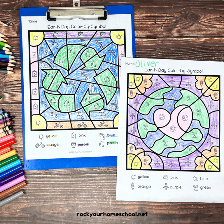 Two examples of free printable Earth Day color by symbols pages.