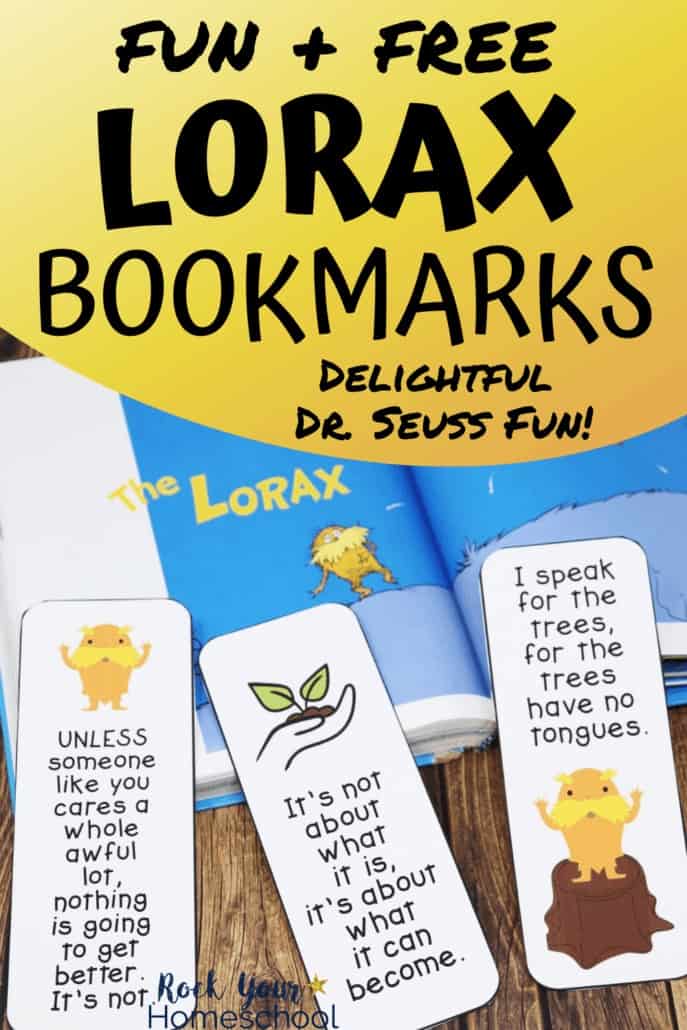 3 Lorax bookmarks with book to feature the amazing learning fun you can have with these special reading tools to go with this popular Dr. Seuss book
