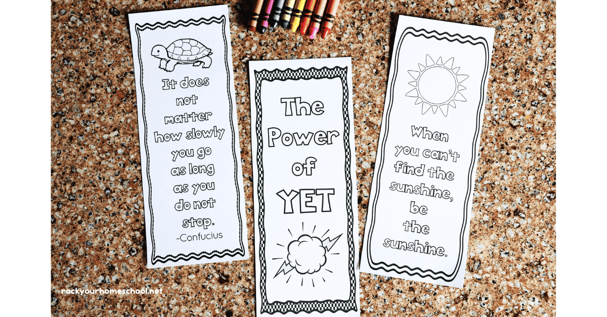 Three examples of free printable growth mindset bookmarks to color with crayons.
