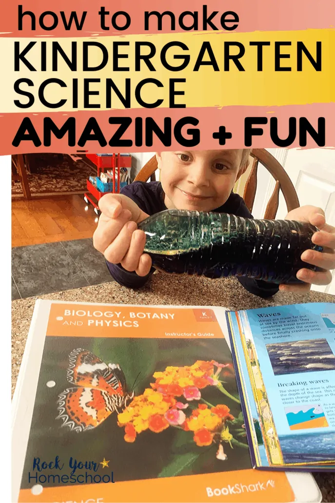 Young boy smiling as he makes a wave with a water bottle of glitter water and BookShark Kindergarten science Instructor\'s Guide to feature how you can easily make Kindergarten Science amazing &amp; fun with the right resources