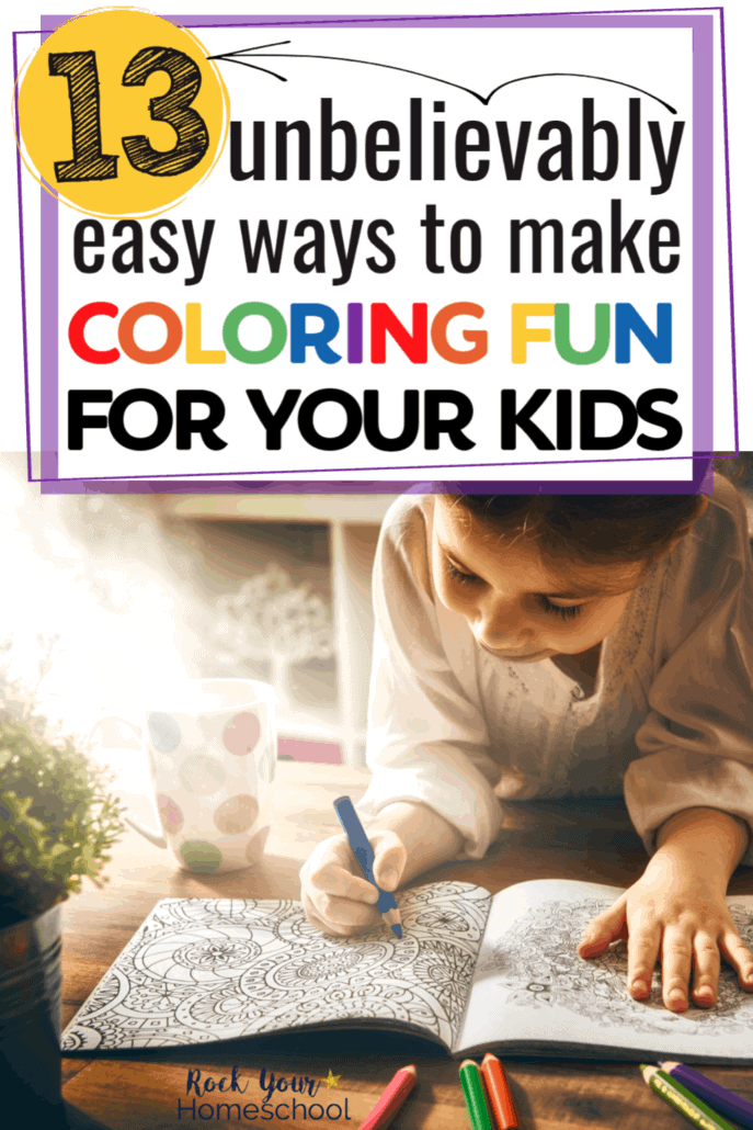 Girl smiling as she uses a crayon to color to feature how these 13 unbelievable easy ways to make coloring fun can help boost your child\'s creativity & more