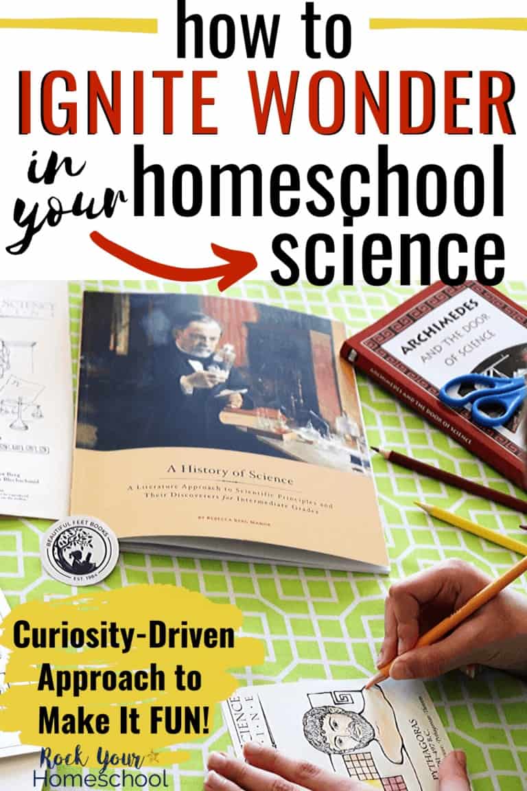 Boy coloring science timeline figure with Beautiful Feet Books A History of Science resources in background to feature how to ignite wonder in your homeschool science with curiosity-driven learning