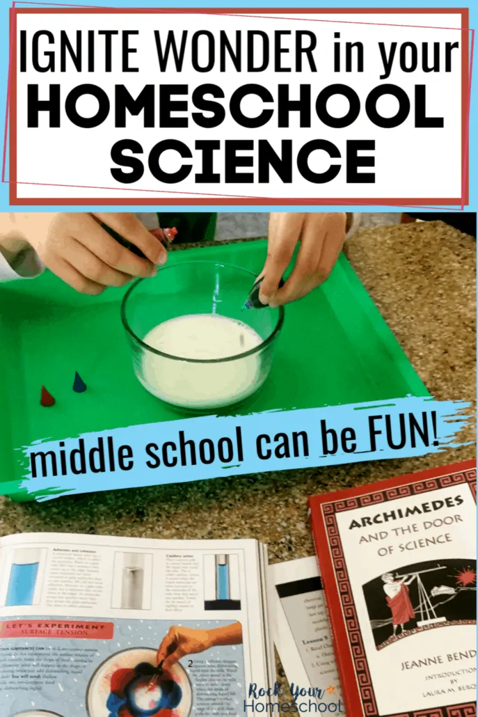Boy conducting experiment about surface tension of milk with resources from A History of Science pack from Beautiful Feet Books to feature how to ignite wonder in your homeschool middle school science.