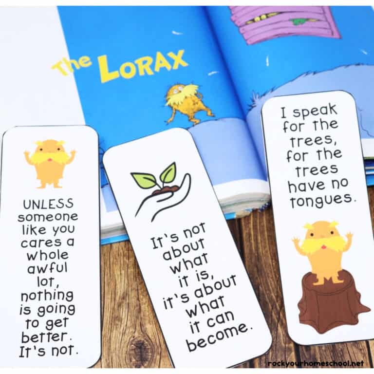 Three printable The Lorax bookmarks and the book.