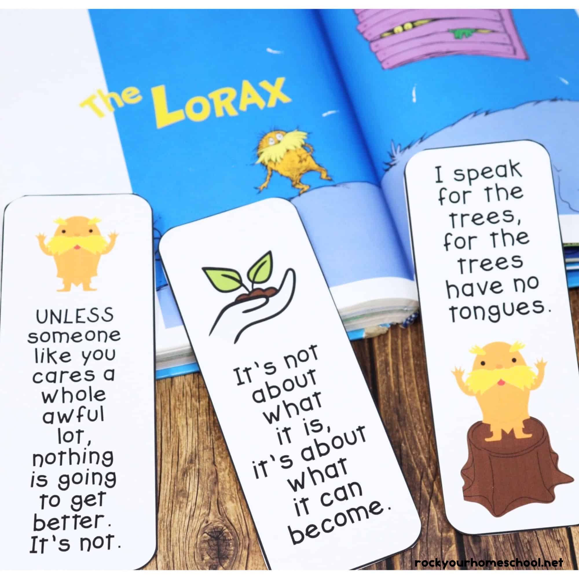 Three printable The Lorax bookmarks and the book.