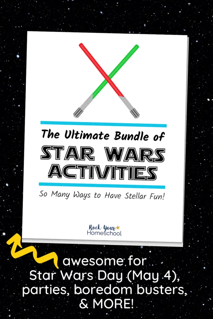 The Ultimate Bundle of Star Wars Activities cover with red &amp; green light sabers on space background to feature the extra stellar fun you\'ll have with the variety of games, puzzles, coloring pages, &amp; more for Star Wars fun
