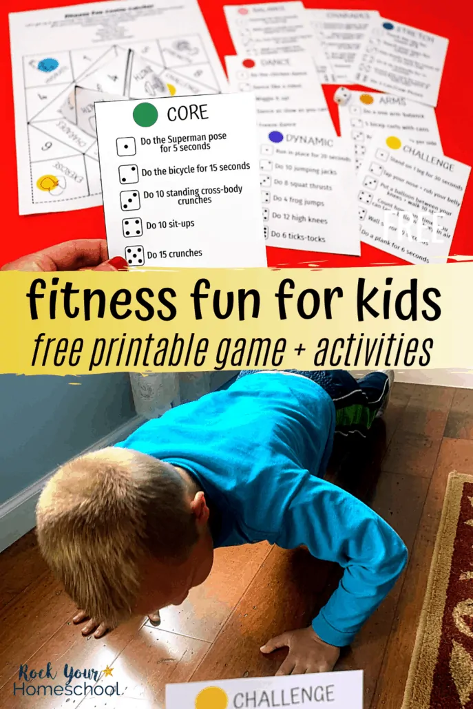 Fitness Fun for Kids game and activities and boy doing plank challenge to feature the creative ways this free printable game &amp; activities can help you get your kids up &amp; moving for activities at home
