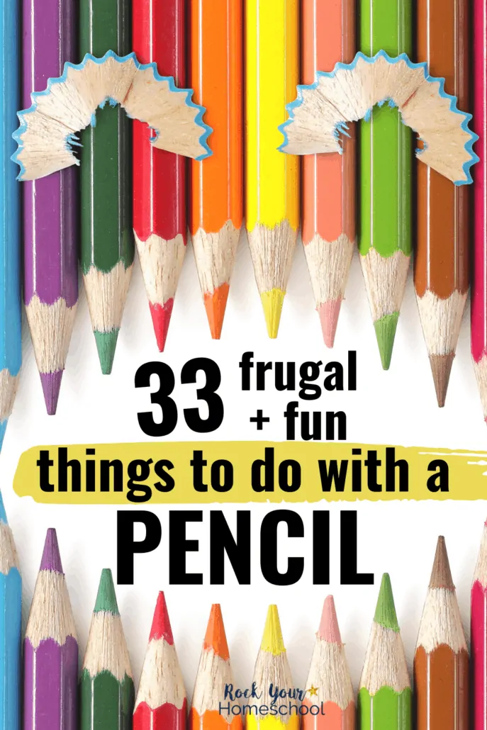 Color pencils in shape of face with pencil shaving for eyes to feature the 33 frugal and fun things to do with a pencil for easy fun at home with your kids