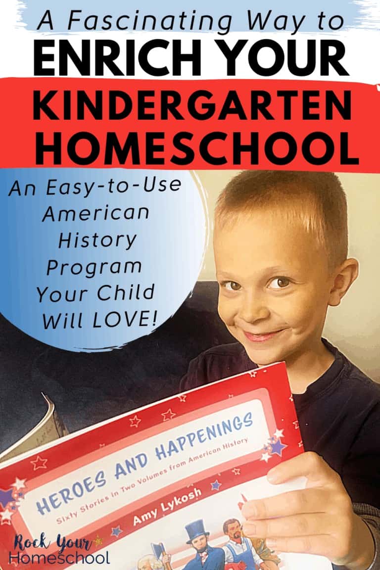 Boy smiles as he holds Heroes and Happenings, a fabulous resource that's part of Sonlight's Exploring American History Kindergarten