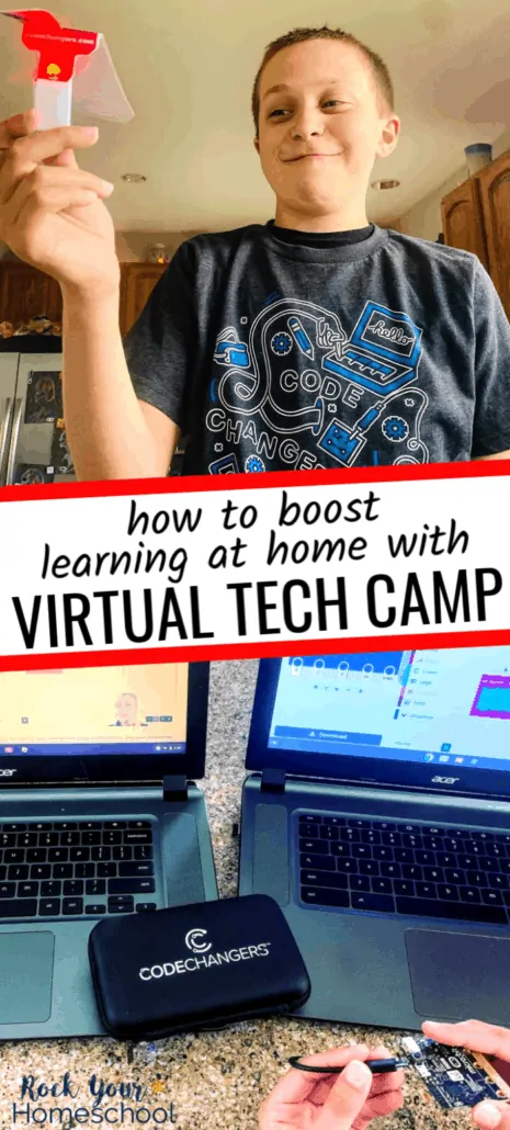 Boy smiling at DIY helicopter project and boy using micro:bit with laptop to feature the excellent ways your kids get enrichment &amp; more with virtual tech camp