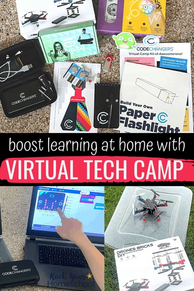Materials from Spring Virtual Kit from CodeChangers & boy pointing at laptop and DIY drone with its kit to feature the amazing experiences your kids can have with virtual tech camp