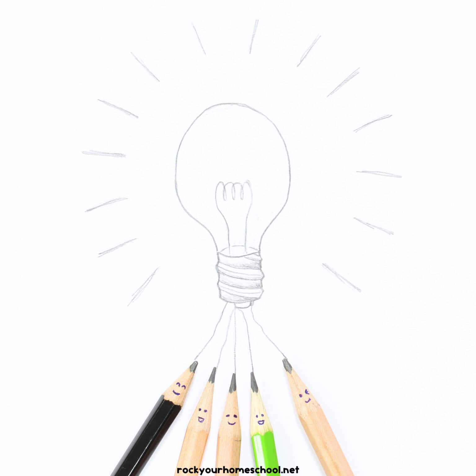 Pencils with faces and drawing of lightbulb.