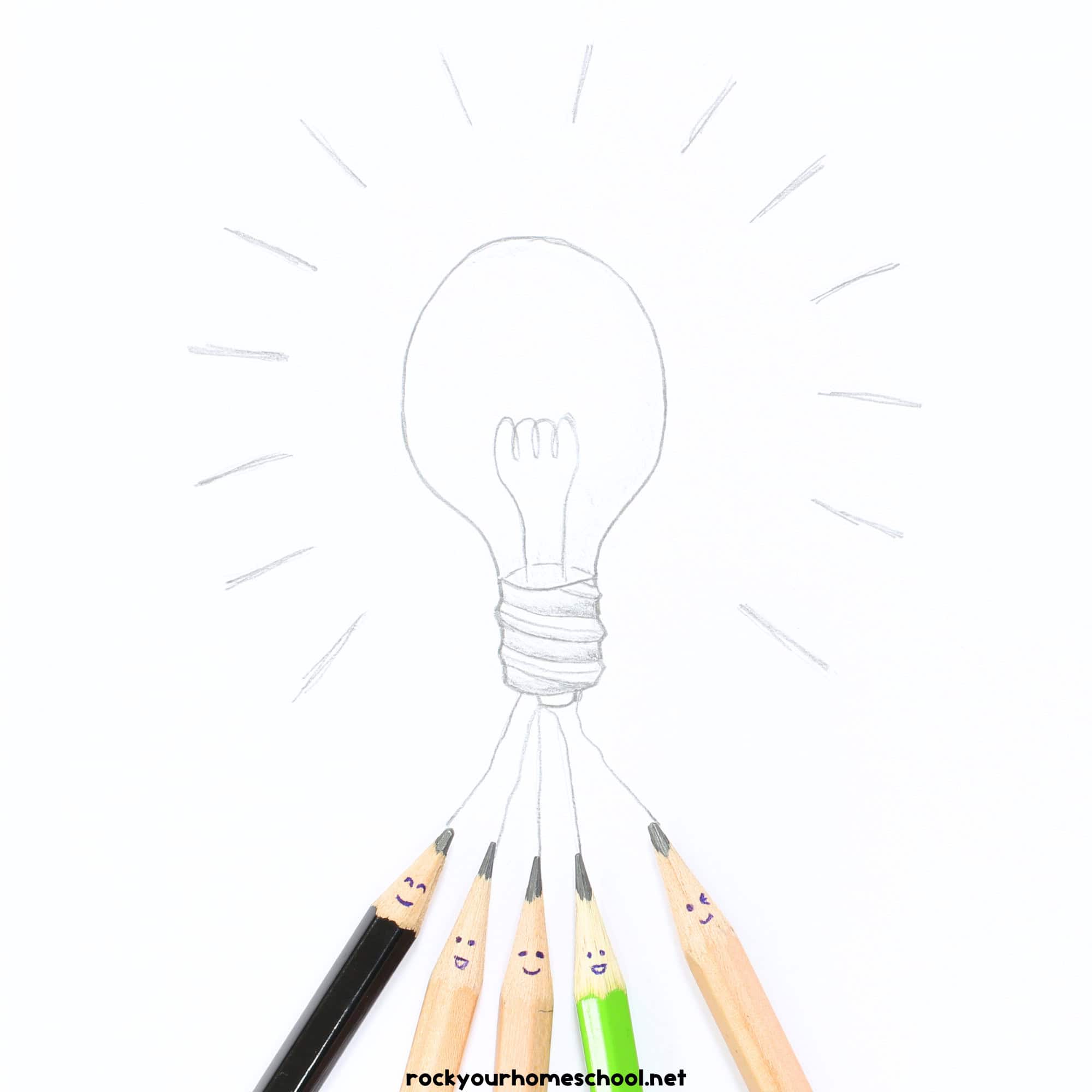 Pencils with faces and drawing of lightbulb.