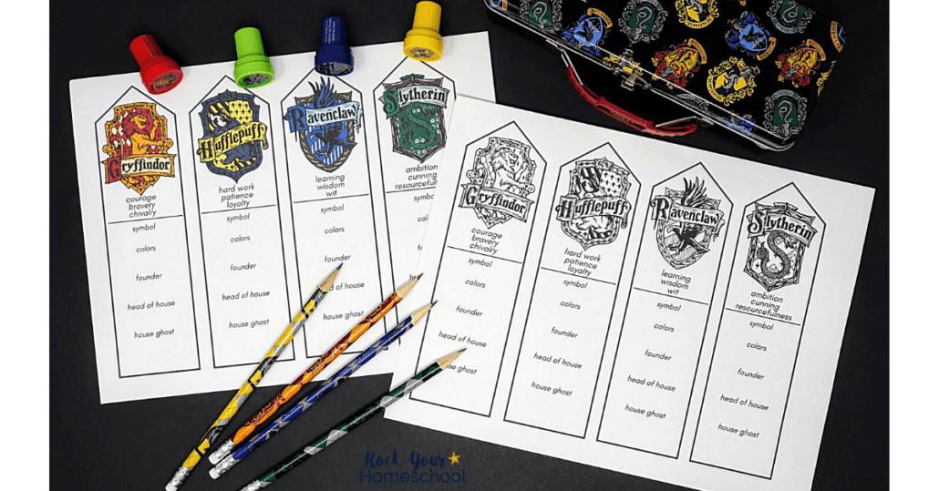 Your kids have a choice of color or black-and-white versions of these free Harry Potter bookmarks featuring Hogwarts Houses.