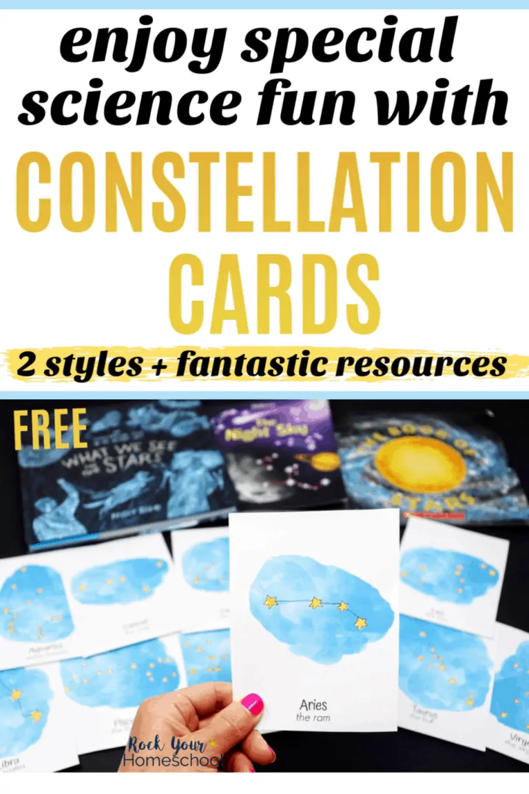 Woman holding constellation card with other cards and books in background to feature the special science fun you can have with these free constellation cards