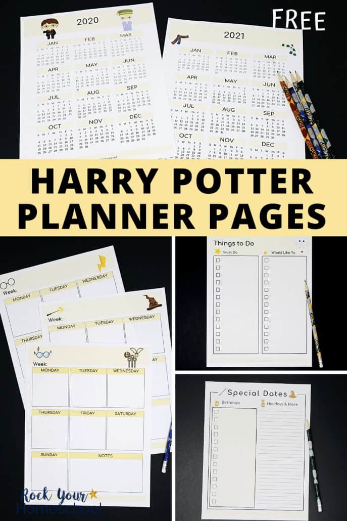 Free Harry Potter planner pages, including year-at-a-glance calendars, weekly planning pages, things to do, special dates, and more to feature the magical planning fun with this free printable set