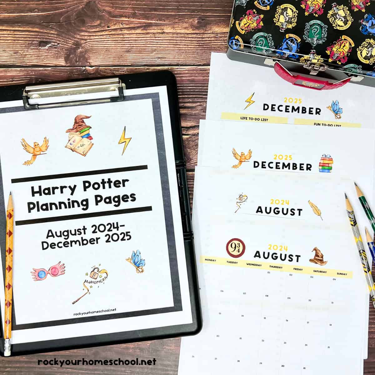 Harry Potter planning pages cover for August 2024 through December 2025 on black clipboard with example pages and pencils and pencil case.