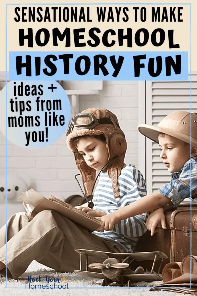 Two brothers with pilot hat & safari hat with old map & toys to feature how you can make homeschool history fun