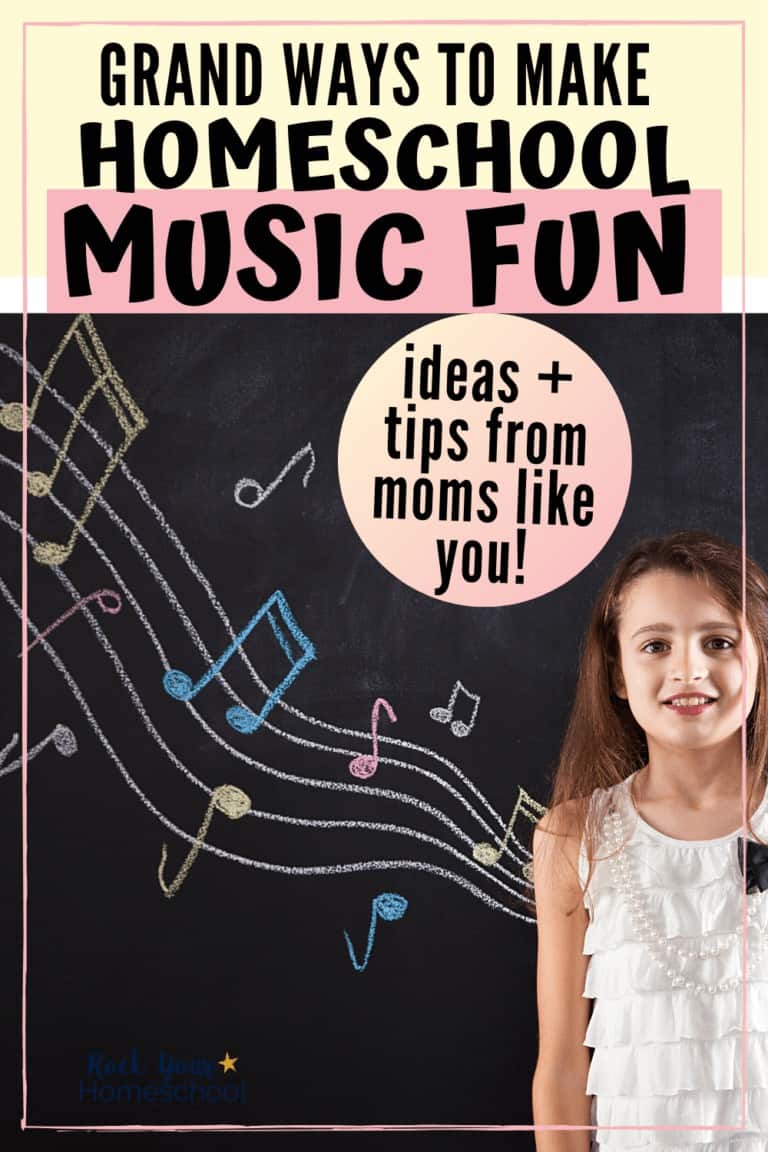 Smiling girl standing in front of blackboard with colorful musical staff and notes to feature the grand ways to make homeschool music fun