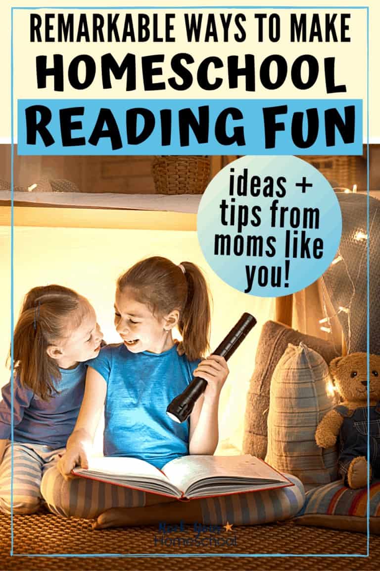 Two sisters with flashlights & a book in a tent with fairy lights to feature the remarkable ways to make homeschool reading fun
