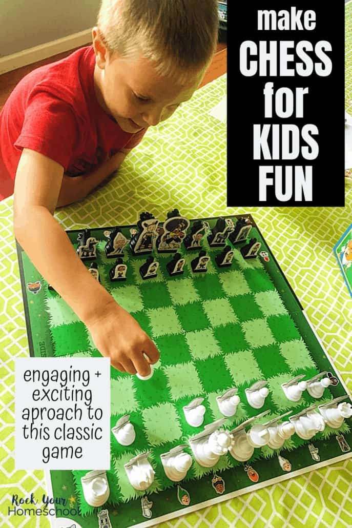 Young boy playing Story Time Chess, an amazing resource that makes chess for kids fun with hands-on & online learning options